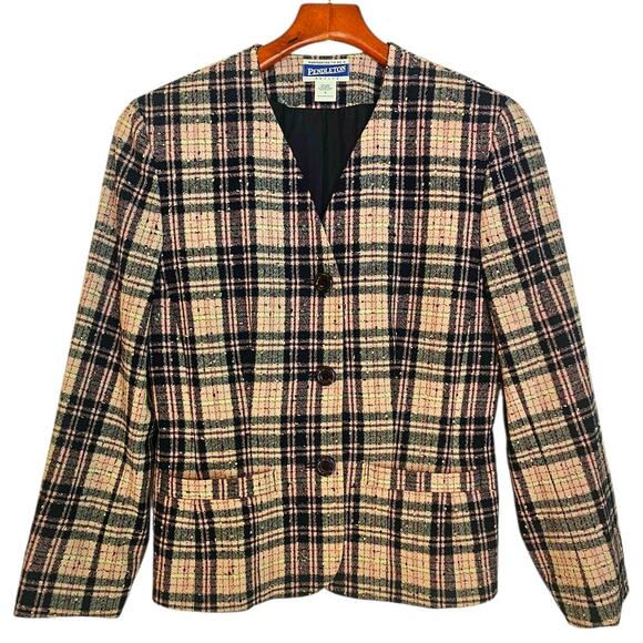 Pendleton Vintage Petite Pink & Navy Tweed Plaid Wool Academia Blazer Jacket - Picture 1 of 4